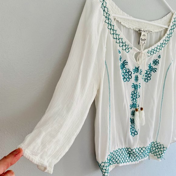 💜American Rag- White Teal Embroidered BOHO Top XL - Picture 6 of 12